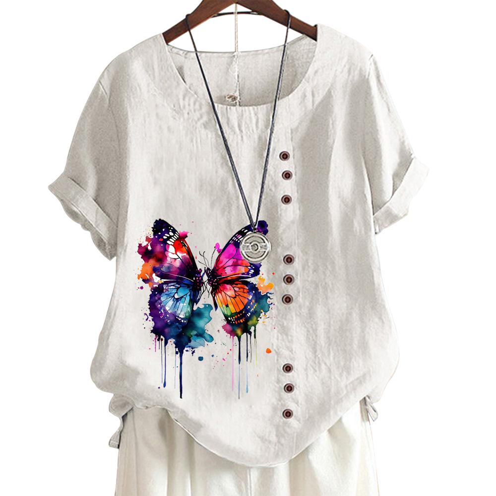 Women's Cotton Relaxation Top with 7 Artistic Print Patterns, Round Neck, Short Sleeves, Button Embellishments