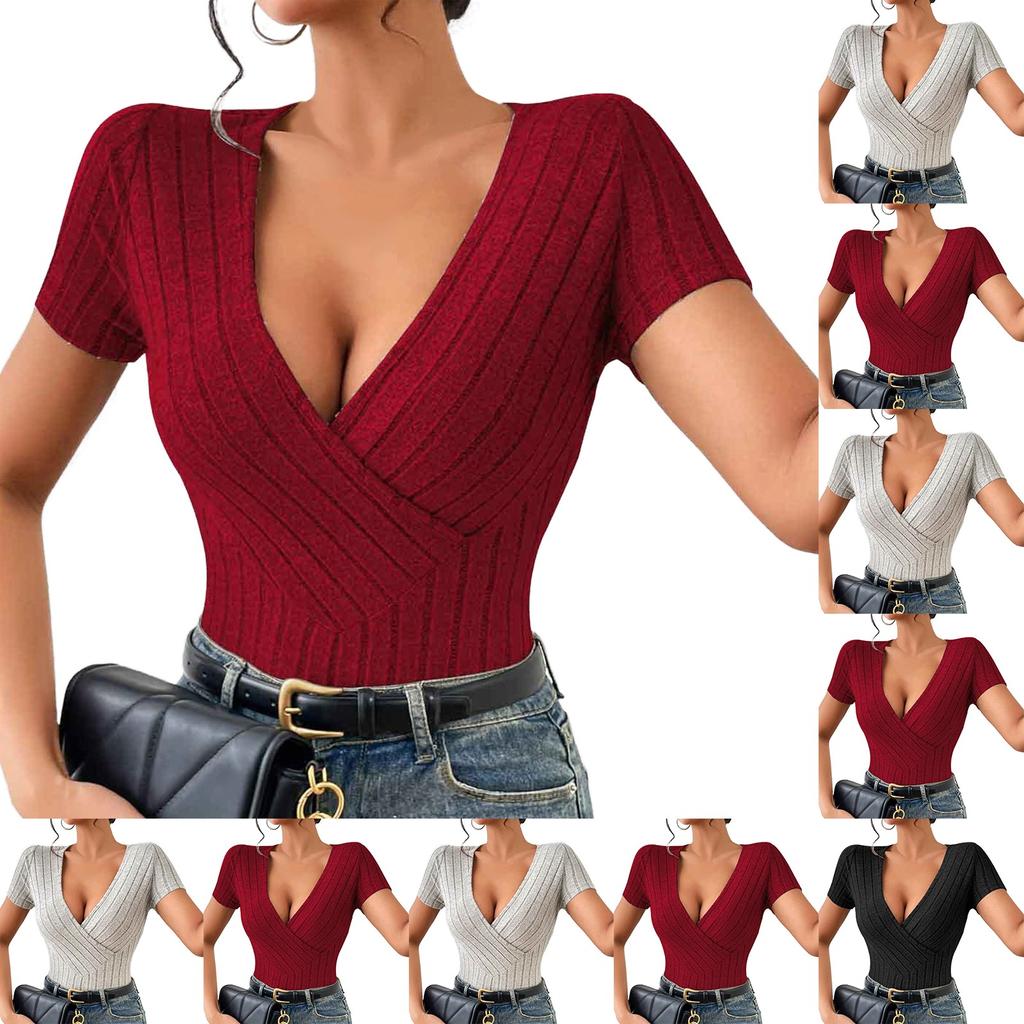 Women's Solid V-neck Sexy Slim Fit Knitted Short Sleeved T-shirt Top