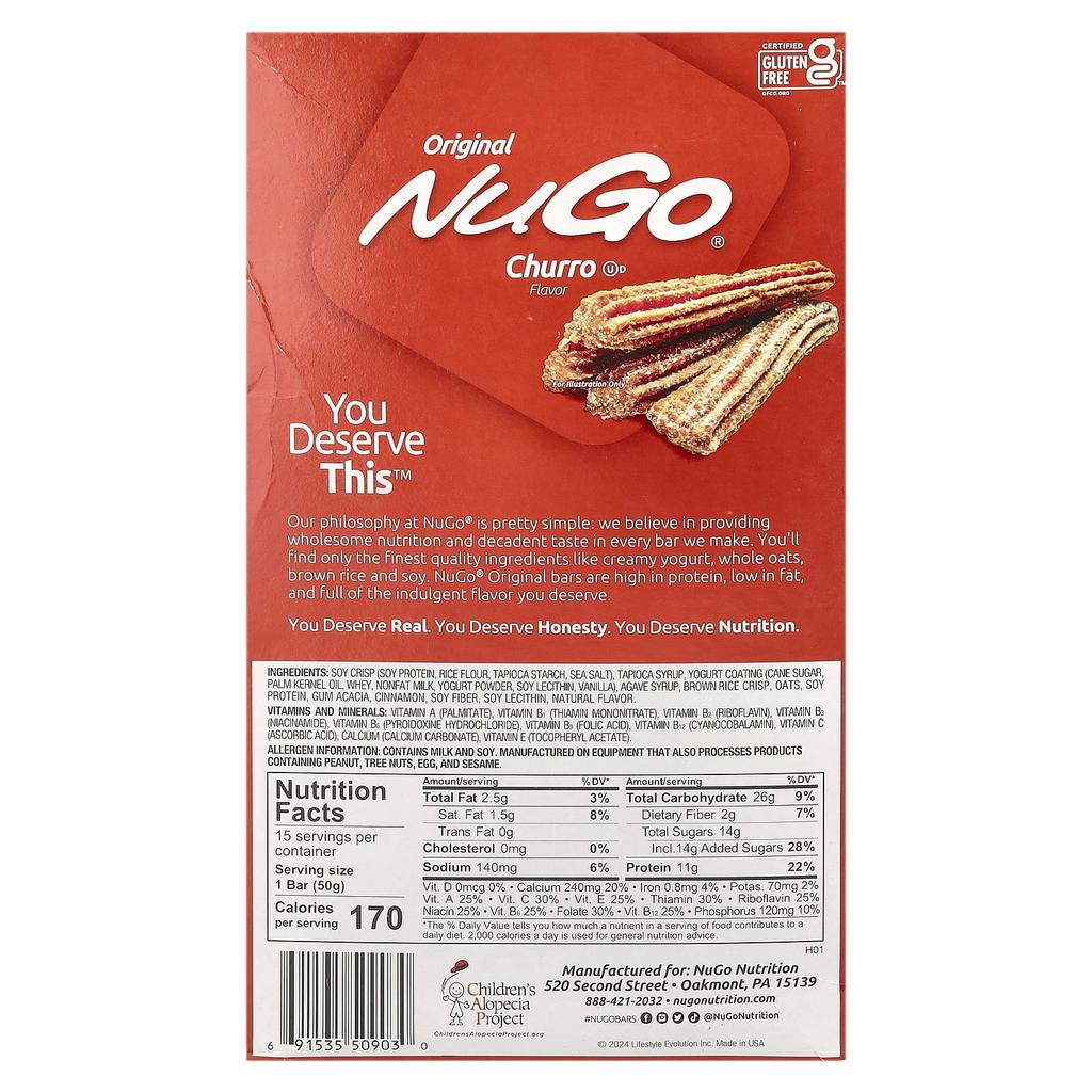 NuGo Nutrition Original, Protein Bar, Churro, 15 Bars, 50 G (1.76 Oz) Each