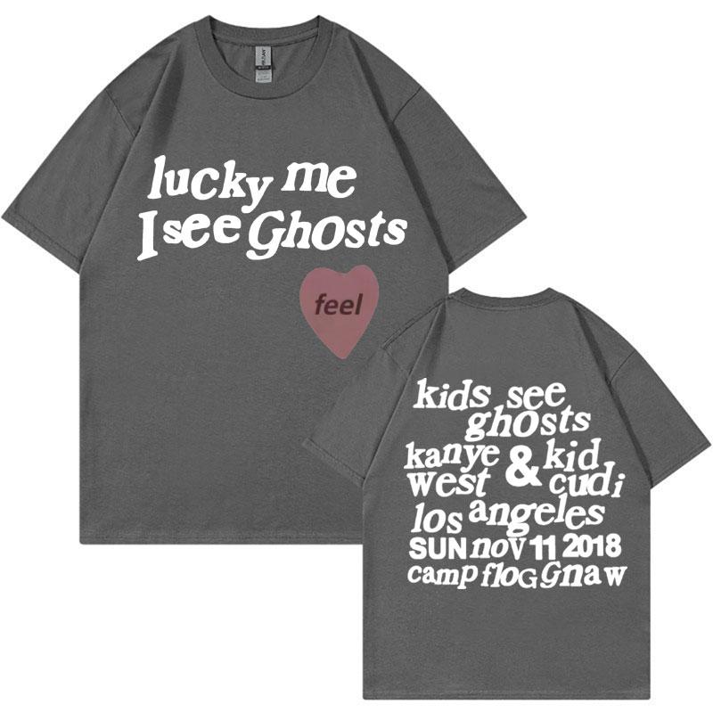 Футболка Kids See Ghosts - Lucky Me I See Ghosts - Буквы Канье Уэста 100% хлопок с принтом Футболки Мужчины Женщины Мода Повседневные топы
