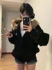 Women Black Thick Zip Up Hoodies Vintage Korean Preppy Style Faux Fur Coat Oversized Casual Sweatshirt Harajuku Autumn Winter