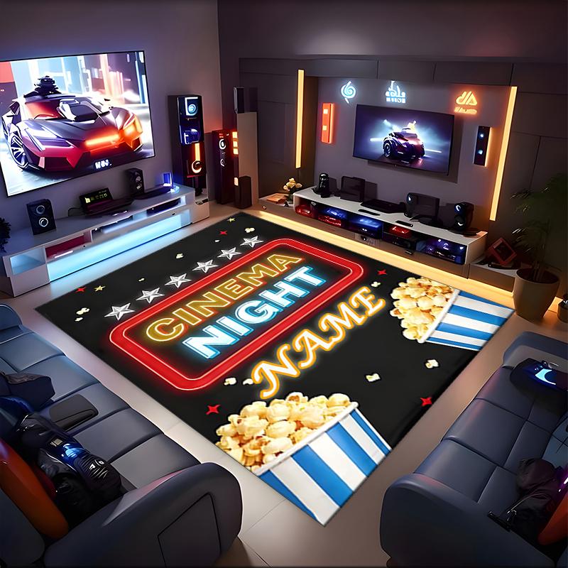 1PC Custom Name Movie Night Popcorn Party Theme Floor Mat Ideal for Living Room, Game Rooms, Office, Bedroom,Floor Mat Playful Design