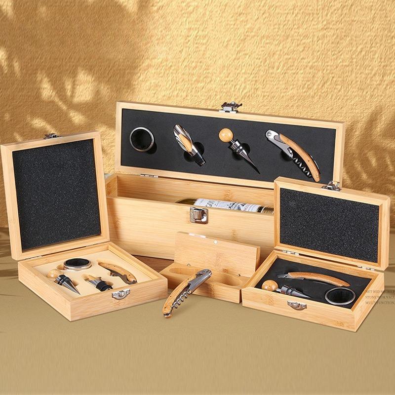 Luxury Bamboo Wine Bottle Opener Set with Stainless Steel Accessories - 4-Piece Home Kitchen Decor Gift for Wine Lovers