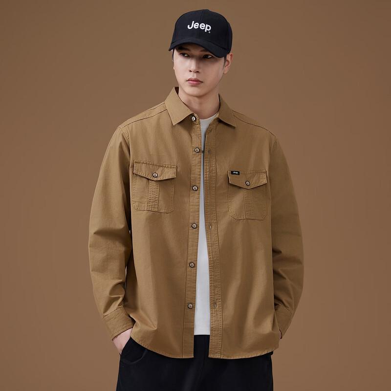 JEEP Men's 100% Cotton Solid Color Lapel Long-Sleeve Shirt
