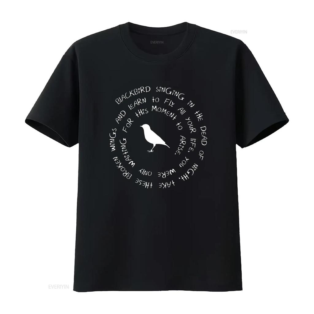 Черный дрозд поет в мертвую ночь Т-shirt с текстом песни винтажная стираная унисекс эластичный повседневный топ для ежедневной носки мода