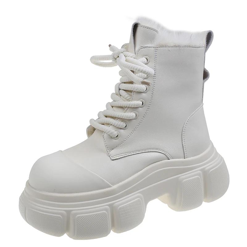 Обувь для женщин 2024 года, горячая распродажа, женские ботинки на шнуровке, зимние, с круглым носком, сплошные, плюшевые, теплые, на платформе, водонепроницаемые, модные, голые ботинки