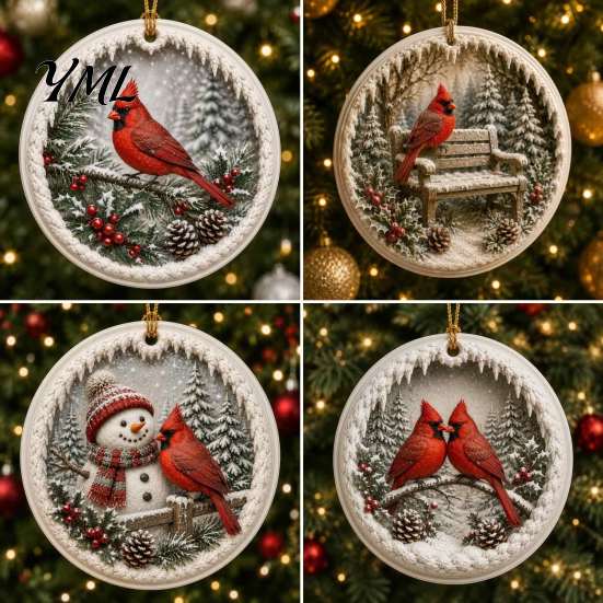Acrylic Christmas Ornament Red Bird Ornament, Snow Scene Pattern Xmas Tree Decorations Hanging Decor, Retro Round Pendant for Winter Holiday