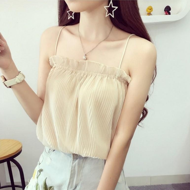 Retro Summer Outer Wear, Holiday Pleated Sexy Versatile Bottoming Camisole Women's Chiffon Fresh Top