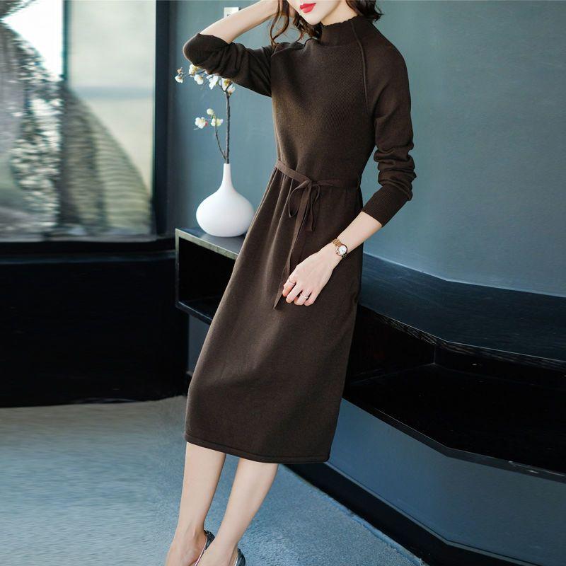 Повседневное платье-свитер для женщин, средней длины, с высоким воротником, вязаный свитер, большого размера, однотонный пуловер, вязаное платье с длинными рукавами