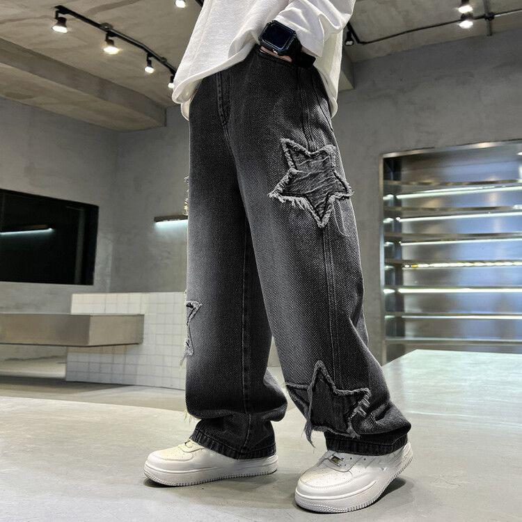 Fashion Teenager Boys Denim Wide Leg Pants Child Trousers Spring Autumn Star Splicing Raw Edge Jeans
