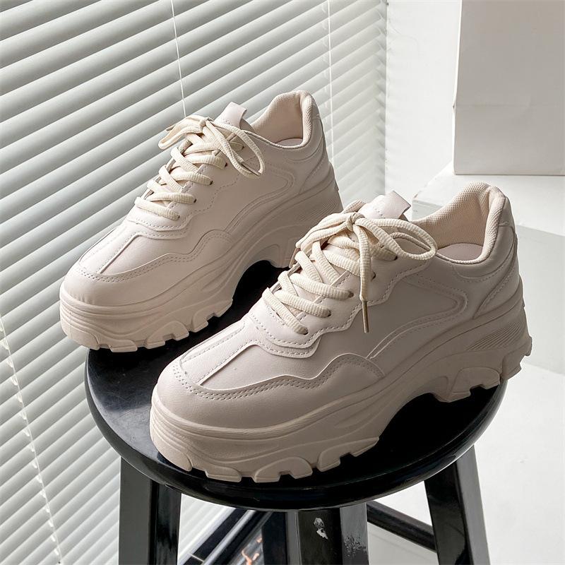 White Women's New Autumn Chunky Sneakers Lace-Up Vulcanize Winter Sports Shoes Casual Flat Fashion Platform Basket Round Head PU