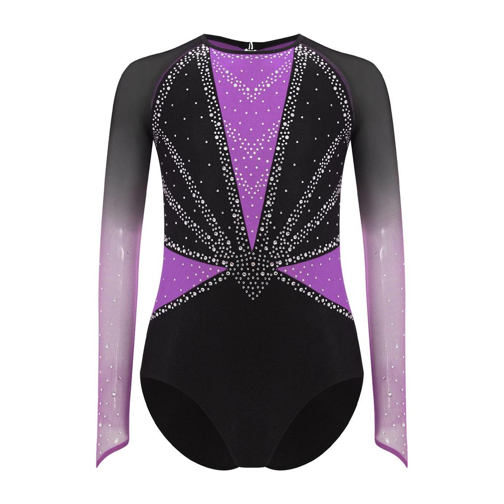 Girls Gymnastics Leotard Sheer Mesh Long Sleeve Keyhole Back Shiny Rhinestones Color Block Costume