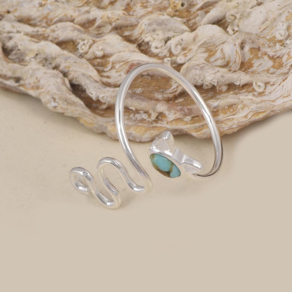Turquoise Snake Wrap Ring | Adjustable Silver Cat Ring | Cute Animal Jewelry Gift for Women
