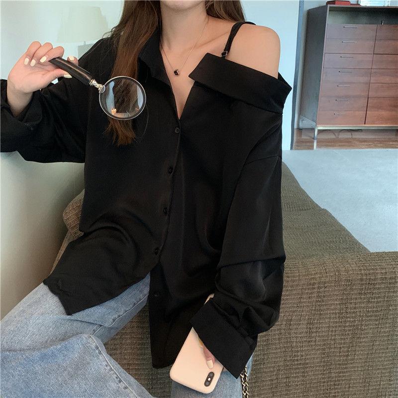 WTEMPO Sexy Off Shoulder Women Blouses Casual Korean Long Sleeve Shirts White Black Oversized Fashion Streetwear Chic Y2k Top