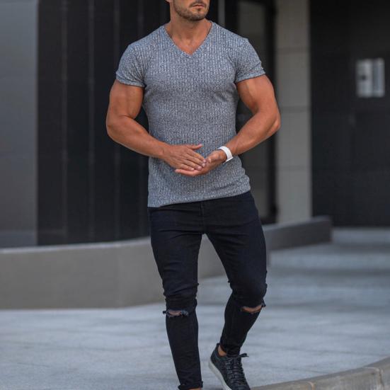 Мужская футболка с коротким рукавом и V-образным вырезом, облегающая спортивная полосатая однотонная футболка, дышащая спортивная одежда для спорта, путешествий, офиса