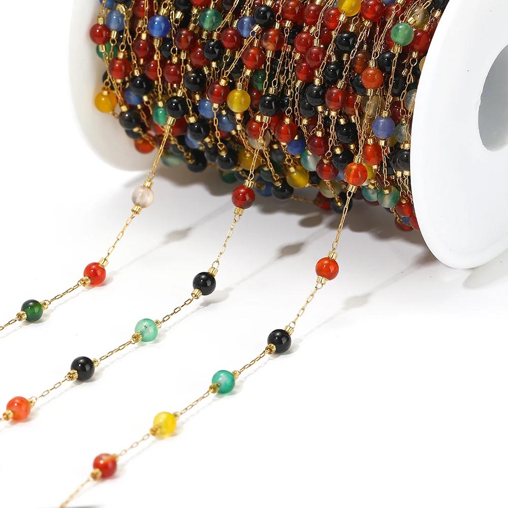 1meter Natural Stone Turquoise Amethyst Quartz Gemstone Beads Stainless Steel Wire Chains DIY Necklace Making Bracelet Findings