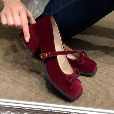 Французские ретро туфли Мэри Джейн на толстом каблуке женские весенние и осенние туфли с бантом бордового цвета на высоком каблуке