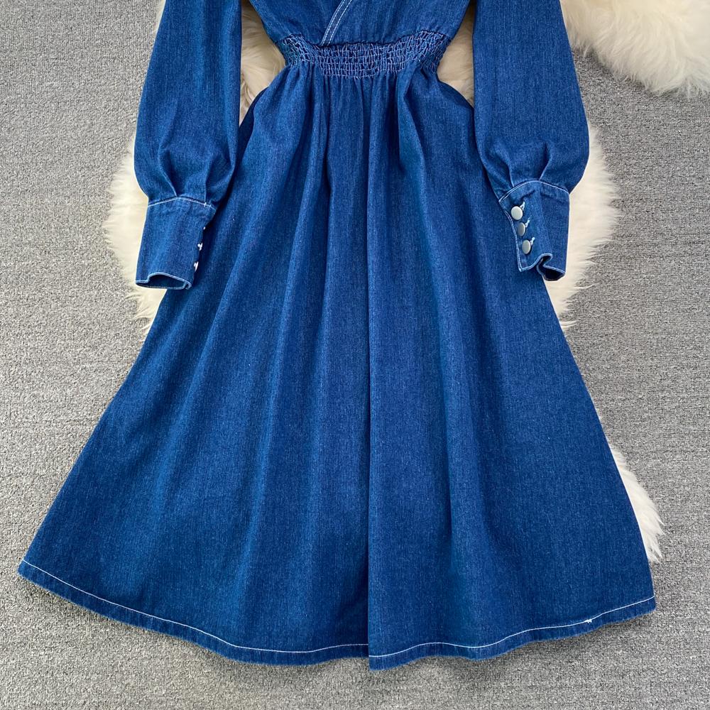 RUGOD Весеннее и осеннее джинсовое платье трапециевидной формы с воротником на талии и талией. Элегантное длинное платье.