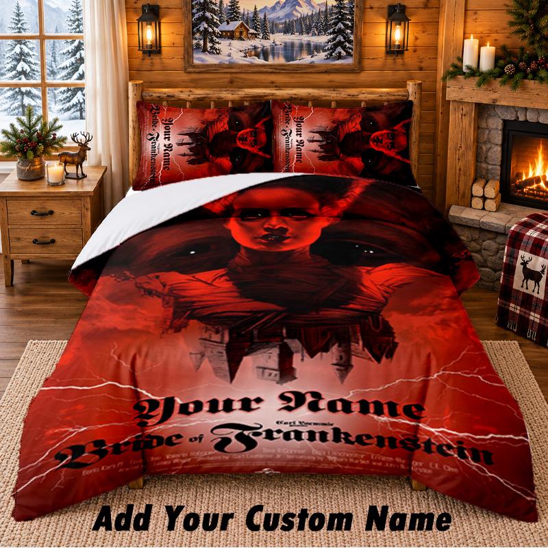 Bride of Frankenstein Custom Name 3Pcs Bedding Set 1 Bed Sheet 2 Pillowcases Bedroom Home Decor