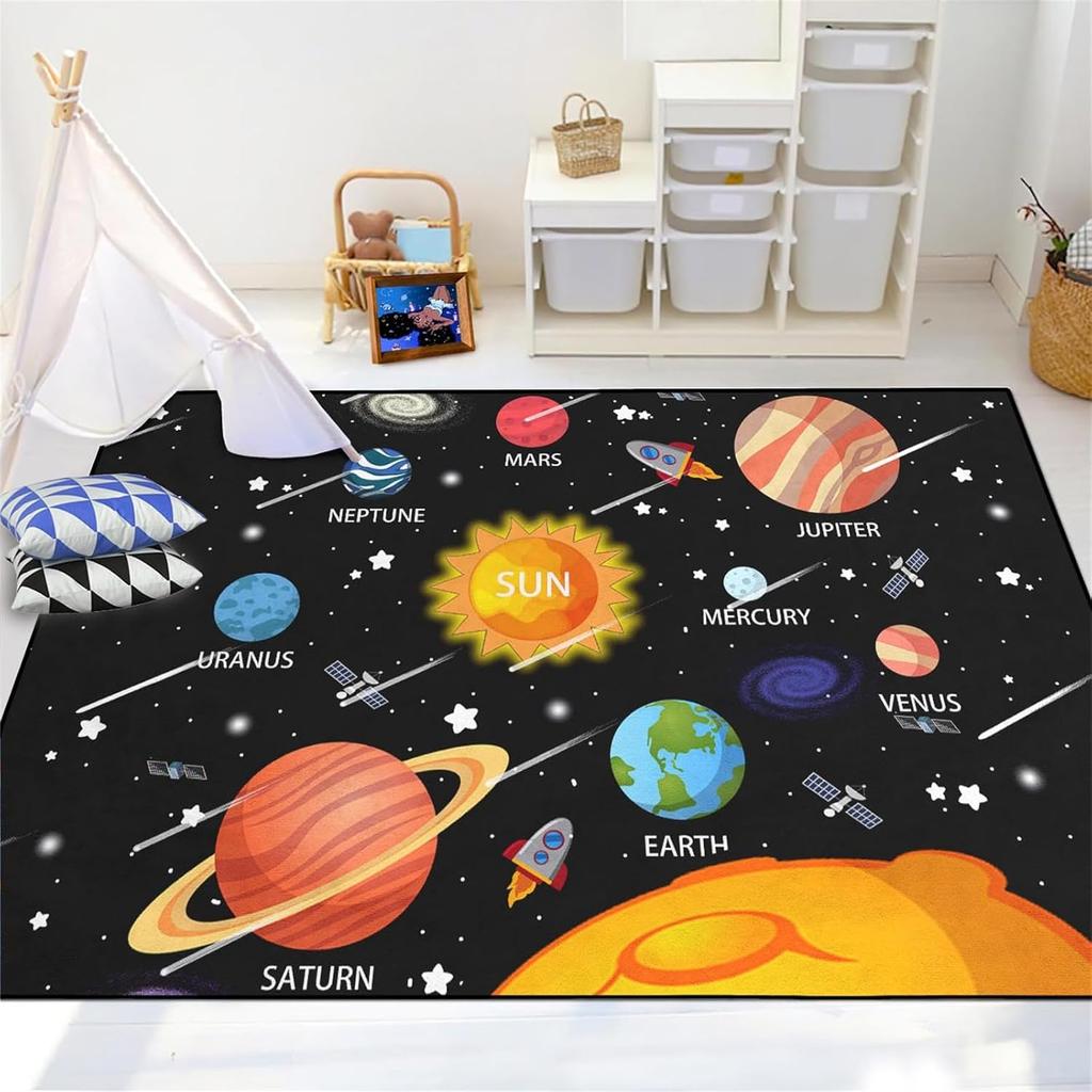 Space Rug - Space Rug for Boys Room Cartoon Solar System Carpet Educational Learning Carpet for Playroom Planet Themed Mat