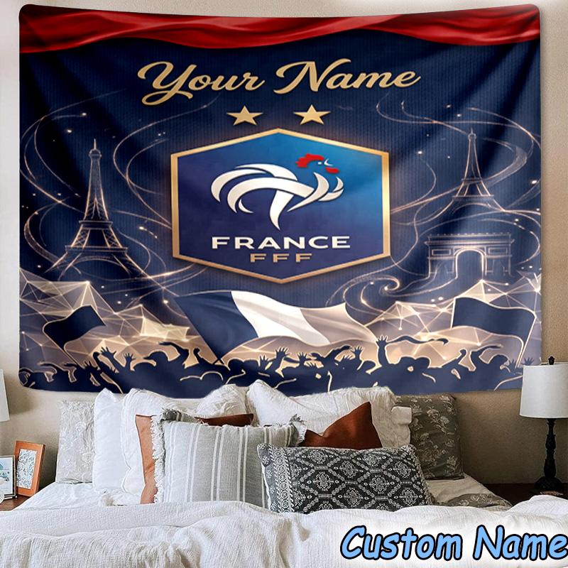 Custom Name France Football Emblem Printed Tapestry, for Bedroom,Livingroom, dormitory, Large Wall Decor, Fabric Decor Fan Birthday Gifts