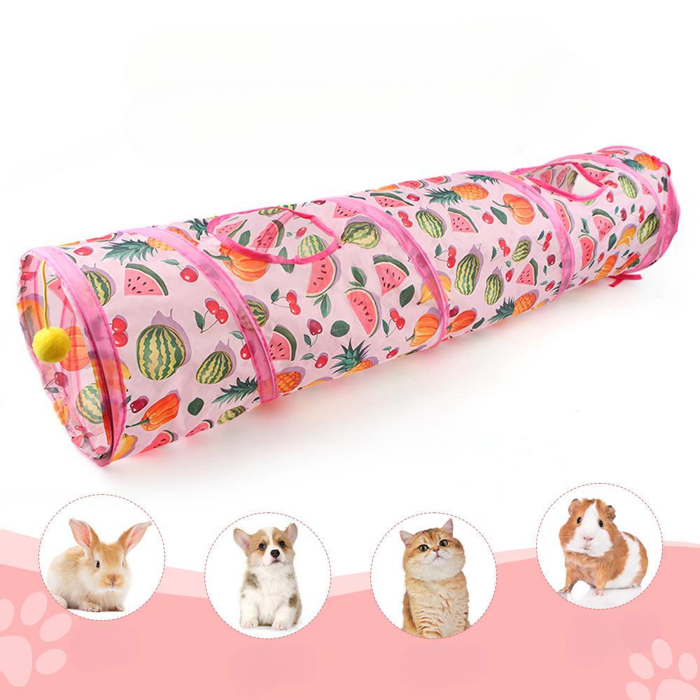 Foldable Long/Square Cat Tunnel Toy Summer Fruit Print Interactive Cat Tunnel with Rolling Ball Fun Pet Playground Cubes