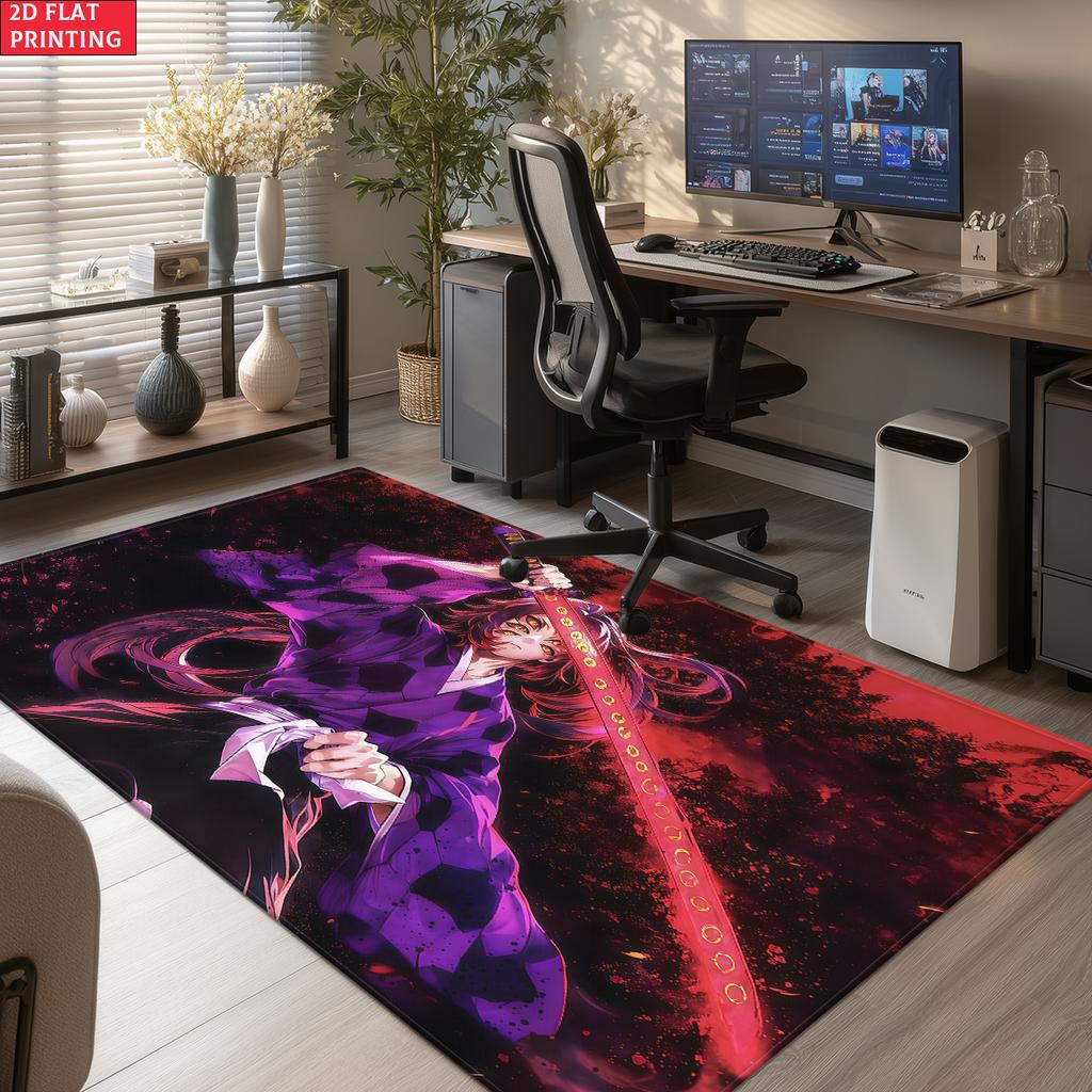 Anime Swordsman Area Rug, Purple Red Flame Theme Floor Mat, Decorative Carpet for Gaming Room Bedroom, Washable Home Decor Gift