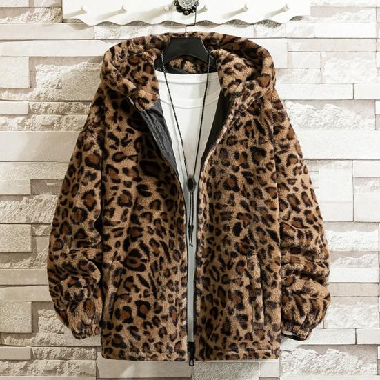 Leopard Print Long Sleeve Pockets Zipper Closure Men Coat Winter Thickened Double-sided Plush Hooded Outerwear