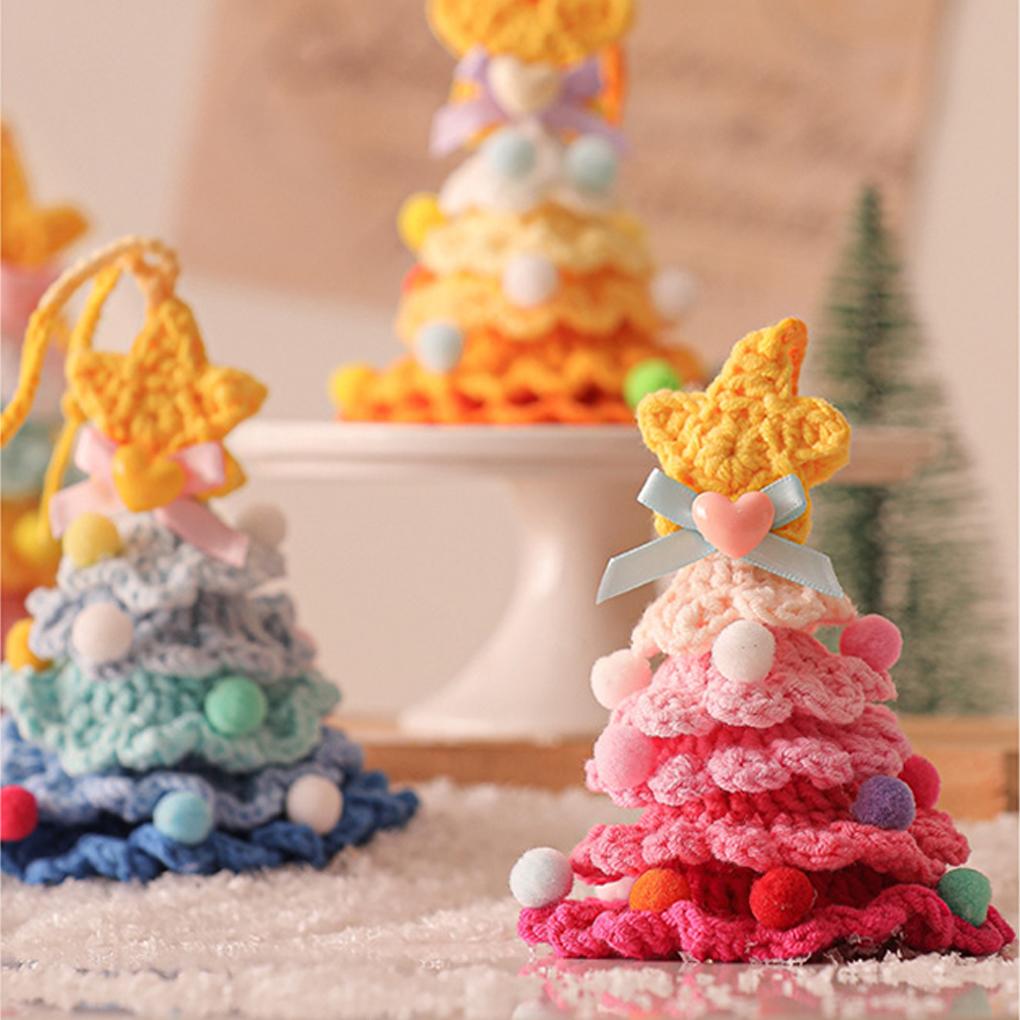 Knitted Plush Christmas Tree with Jingle Bell Handmade Crochet Christmas Hanging Pendant Wool Xmas Tree for New Year Party Decor