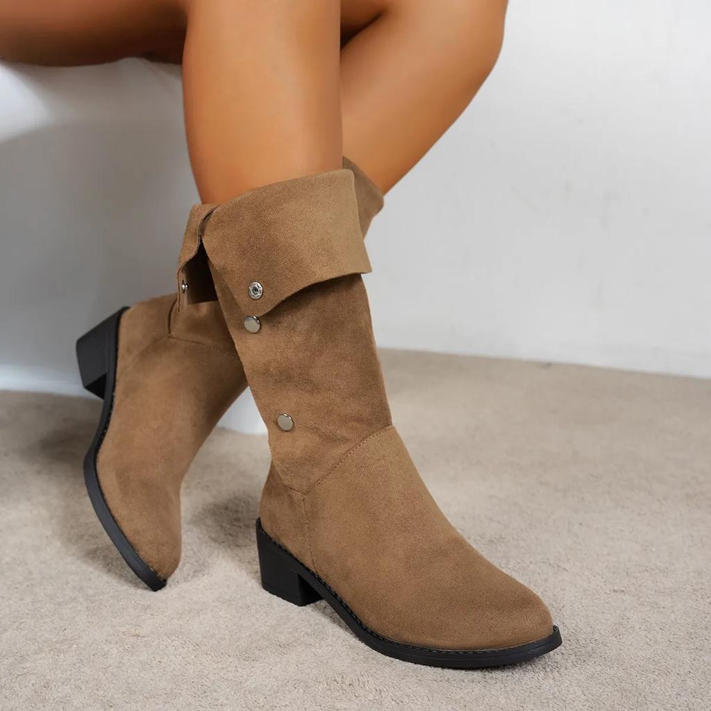 Винтажные ковбойские сапоги с острым носком на пуговицах, женские осенние сапоги с квадратным носком и толстым каблуком, высокие сапоги из замши и ткани, длинные