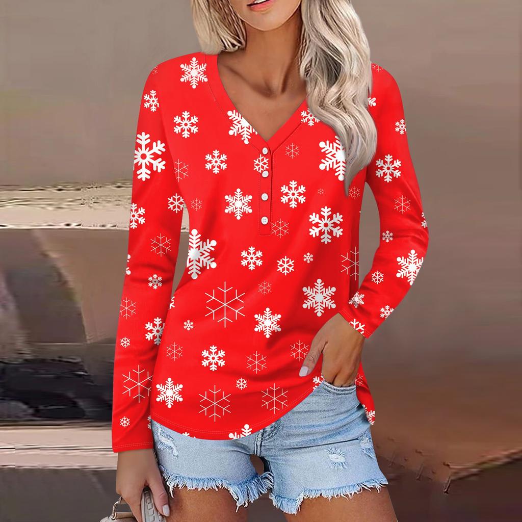 Women's Casual Fashion Sexy Comfort Christmas Printed V-Neck Button Long Sleeve