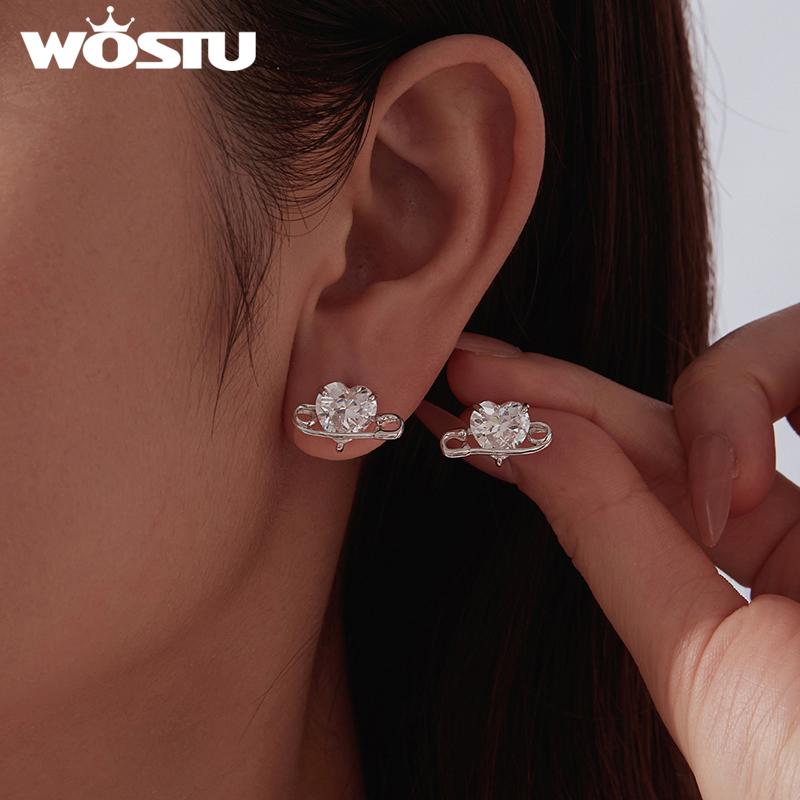WOSTU Real 925 Sterling Silver Safety Pin Earrings CZ Ear Studs Minimalist Wedding Paperclip Earring Statement Jewelry Gift
