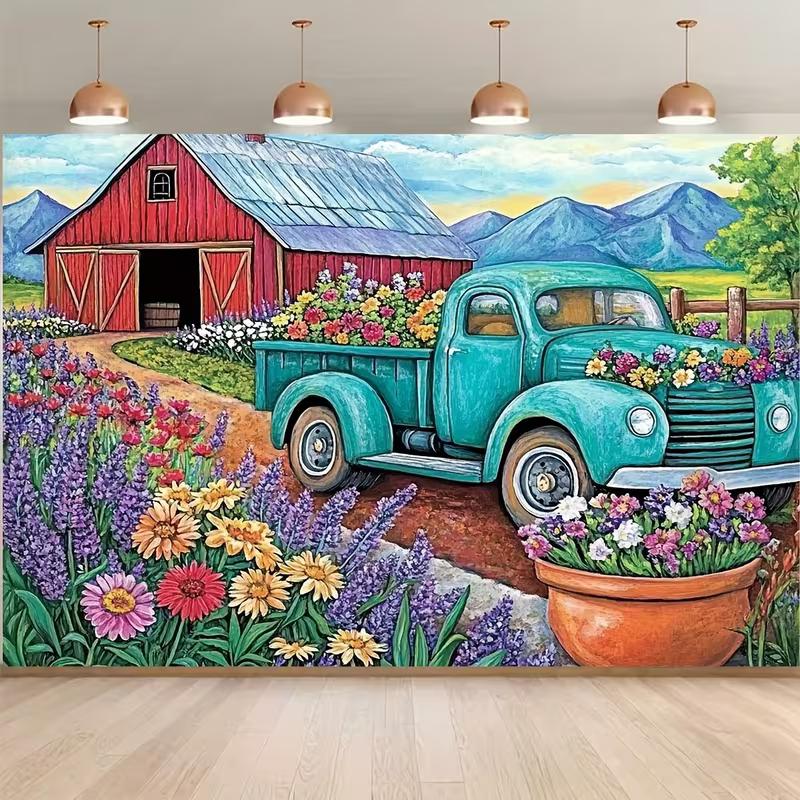 2D Rustic Farm Barn and Teal Truck Backdrop for Spring Party Photoshoot