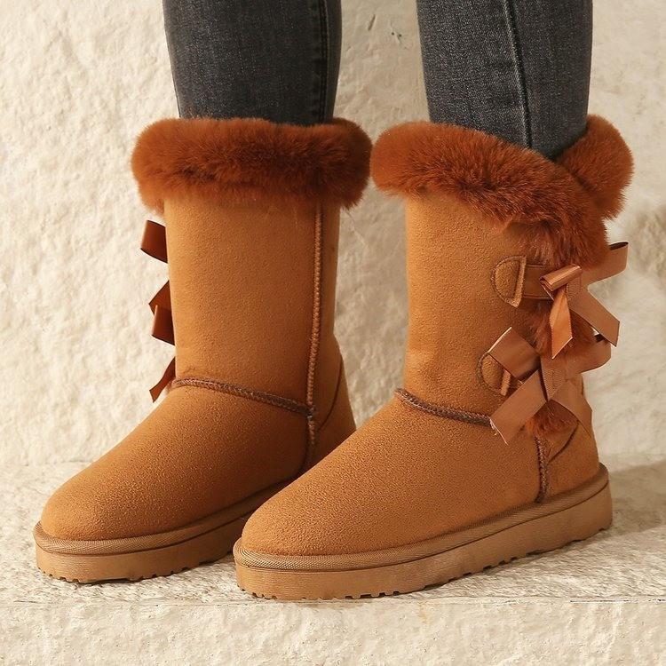 Women's Snow Boots Warm Boots Flat Bottomed Mid Tube Bow Decoration Warm and Comfortable for Outdoor Boots