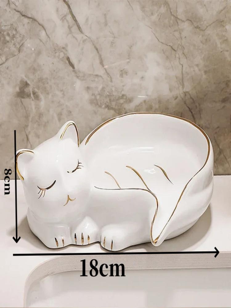 НОВАЯ мультяшная милая керамическая мыльница в форме кошки, мыльница со сливом для воды, мыльница для умывальника, полка для слива, аксессуары для ванной комнаты