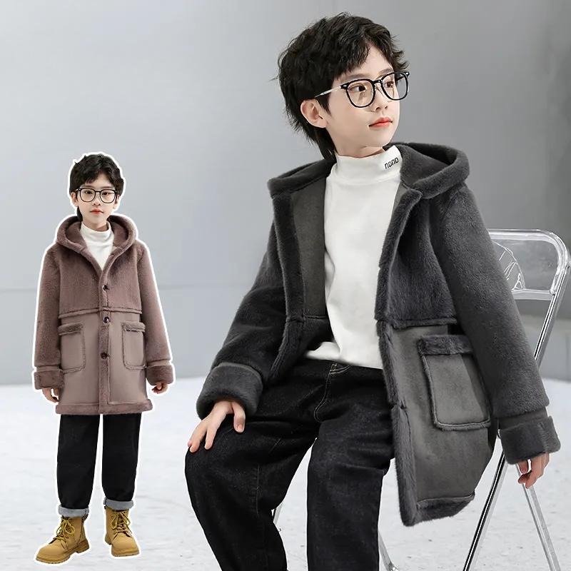 Детская шерстяная куртка для мальчиков осень-зима, пальто плюс утолщенный бархат, верхняя одежда для мальчиков, 2 цвета