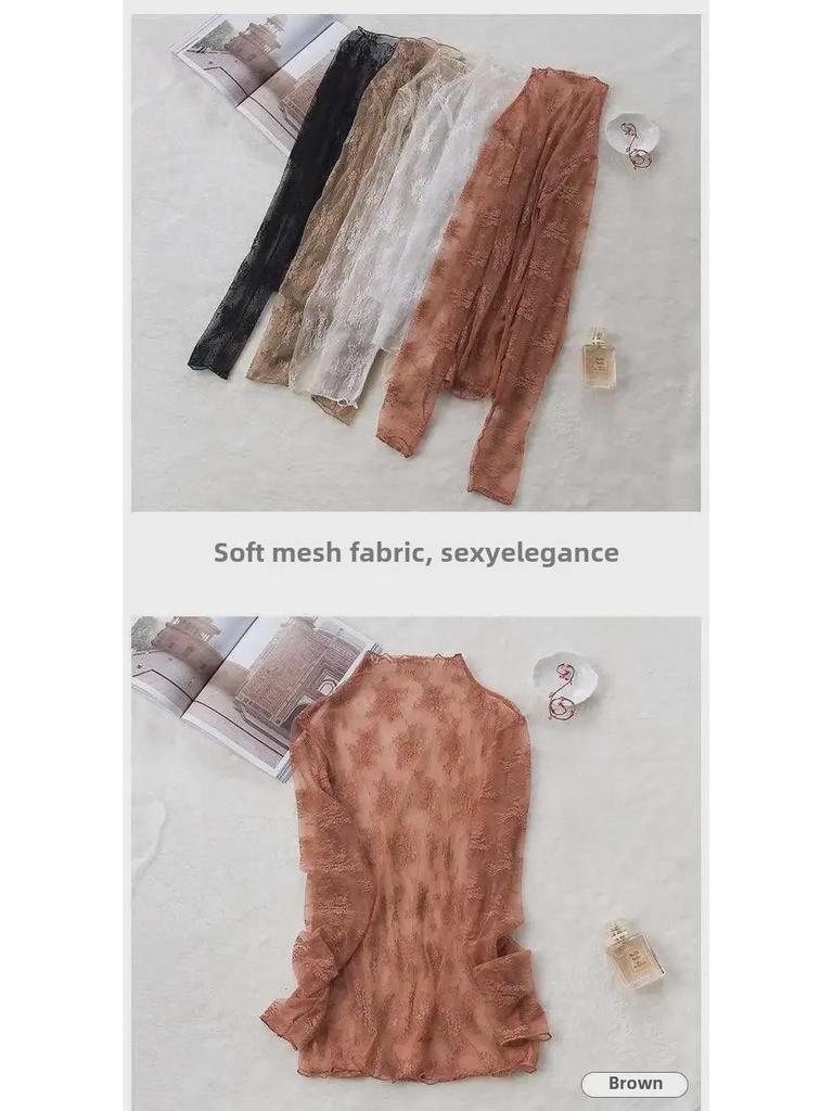 Блузка из кружевной сетки Four Seasons с полувысоким воротником и длинными рукавами, просвечивающая, в корейском стиле