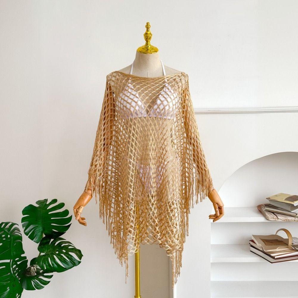 Breathable Tassel Sunscreen Cover-up Loose Fit Plus Size Knit Hollow Out Top Casual Crochet Bohemian Shawl Lady