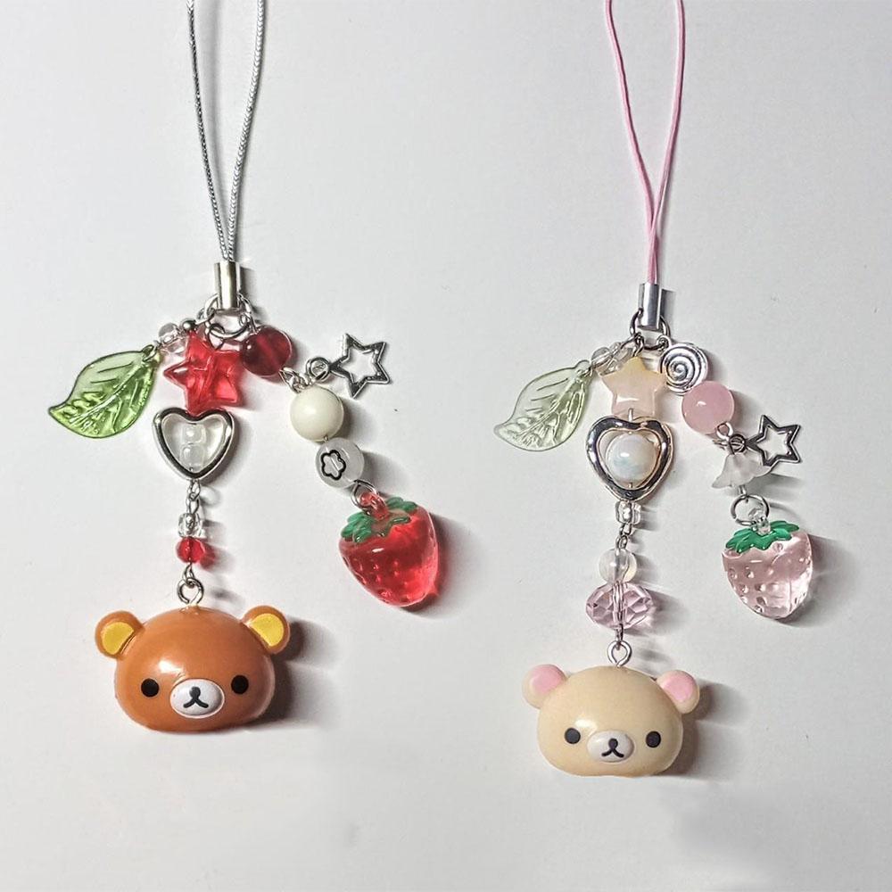 Handmadede Small Bell Bear Pendant Phone Charms Fairy Core Strawberry Rilakkuma Beaded Keychain Bag Accessories for Girls