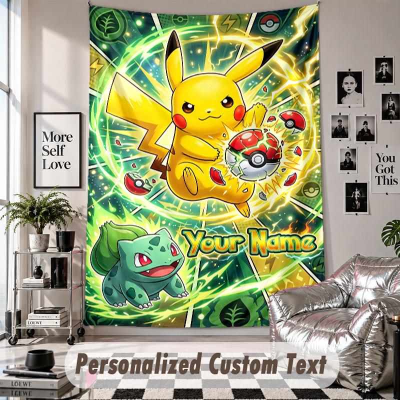Wall Hanging Tapestry With Custom Name & Text, Pokémon Decorative Tapestry For Bedroom