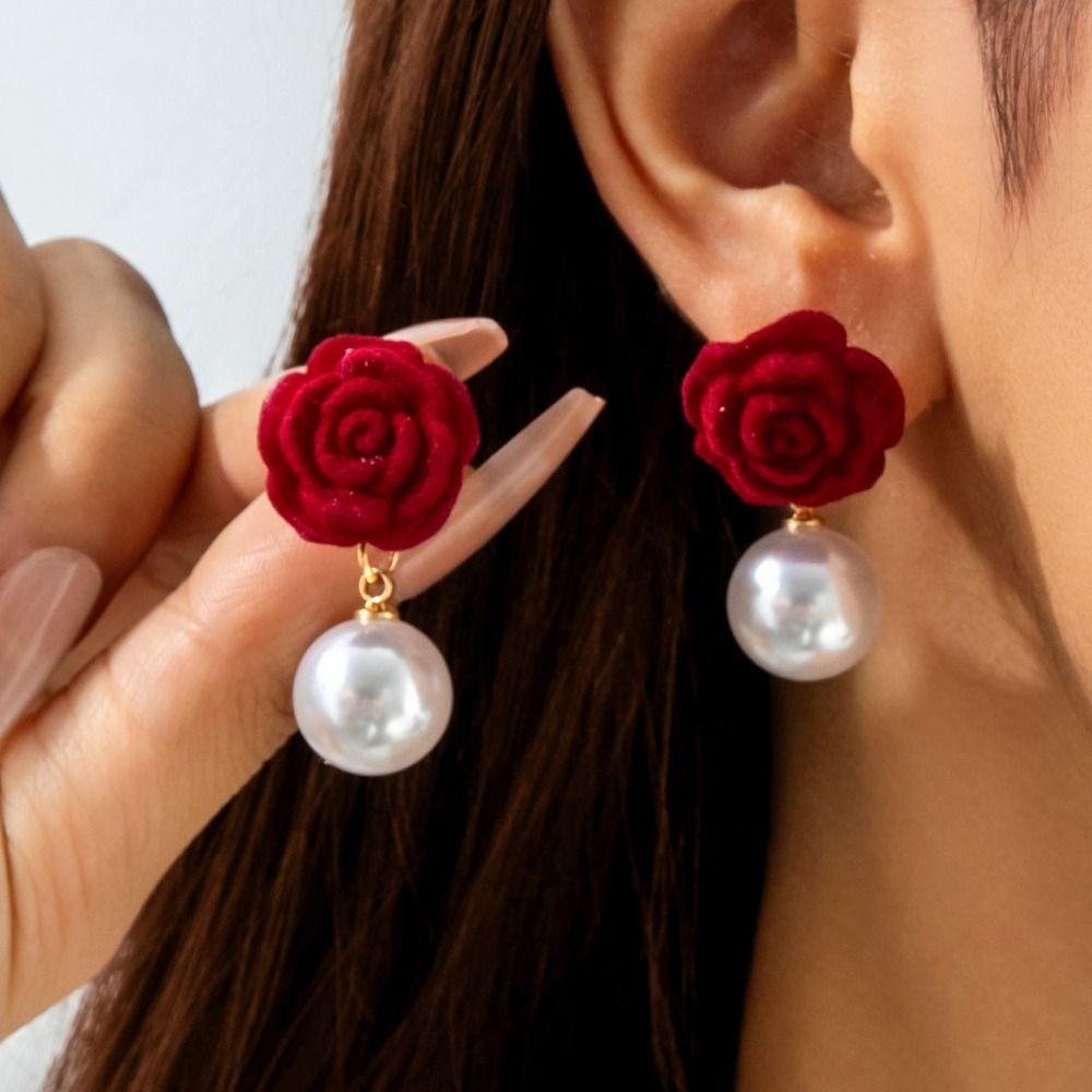 Bowknot Red Velvet Bow Earrings Pearl New Year Earrings Wine Red Bow Drop Earrings Autumn/Winter