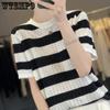 Round Neck Contrasting Short Sleeved Women's Summer Thin Cut Hollow Out Fashionable Breathable T-Shirt Knit Top