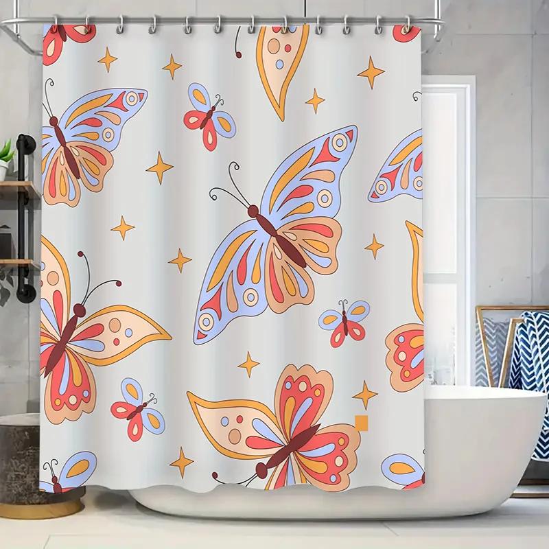 Whimsical Shower Curtain Cartoon Butterfly Print Decorative Waterproof Bath Liner for Kids Bathroom