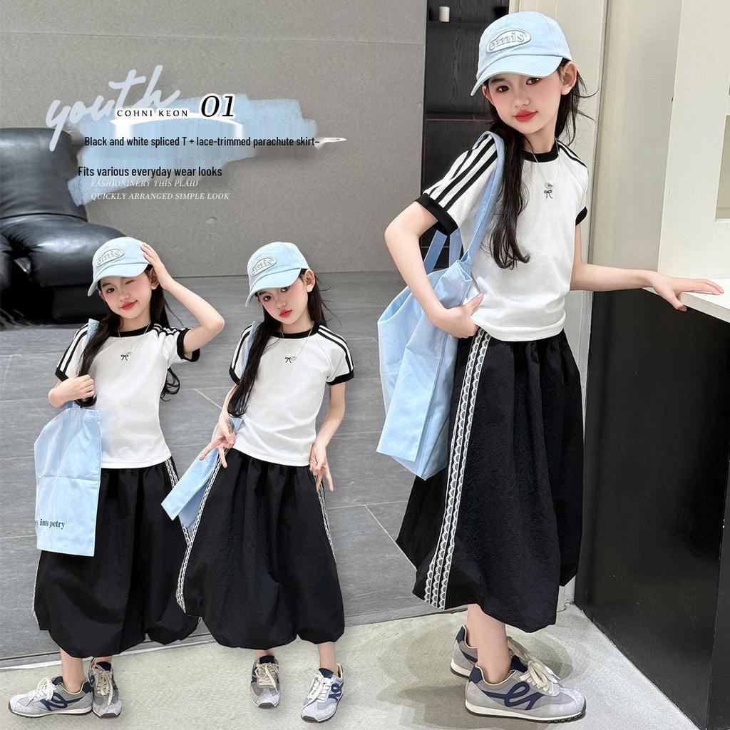 Girls' Summer 2025 Fashion Set: Stylish Short-Sleeve Top with Trendy Seven-Point Tulip Skirt