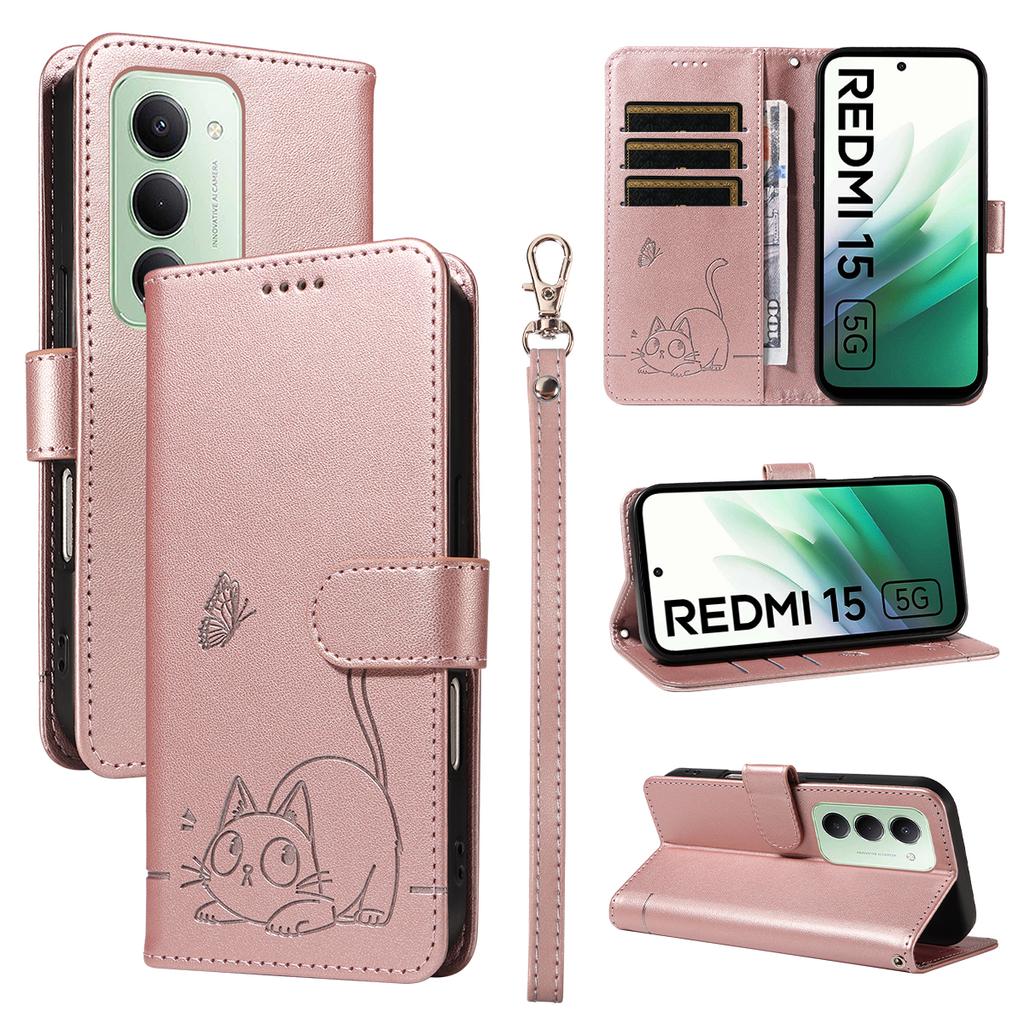Для Xiaomi Redmi 15 4G (США) (171 мм) Чехол Кошачий узор Тиснение Кожаный Чехол для телефона с ремешком на запястье