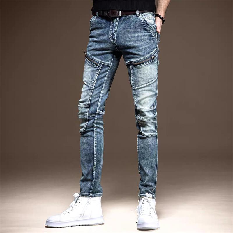Men's Trendy Retro Slim Fit Korean Style Distressed Zipper Stitching Jeans for Autumn and Winter
