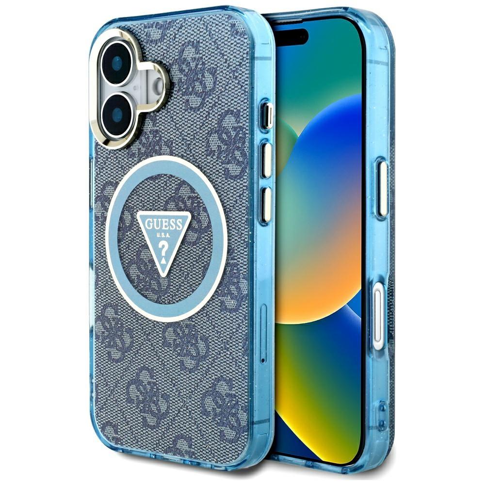 Guess IML Metal Glitter 4G Circle Triangle MagSafe case for iPhone 16 blue