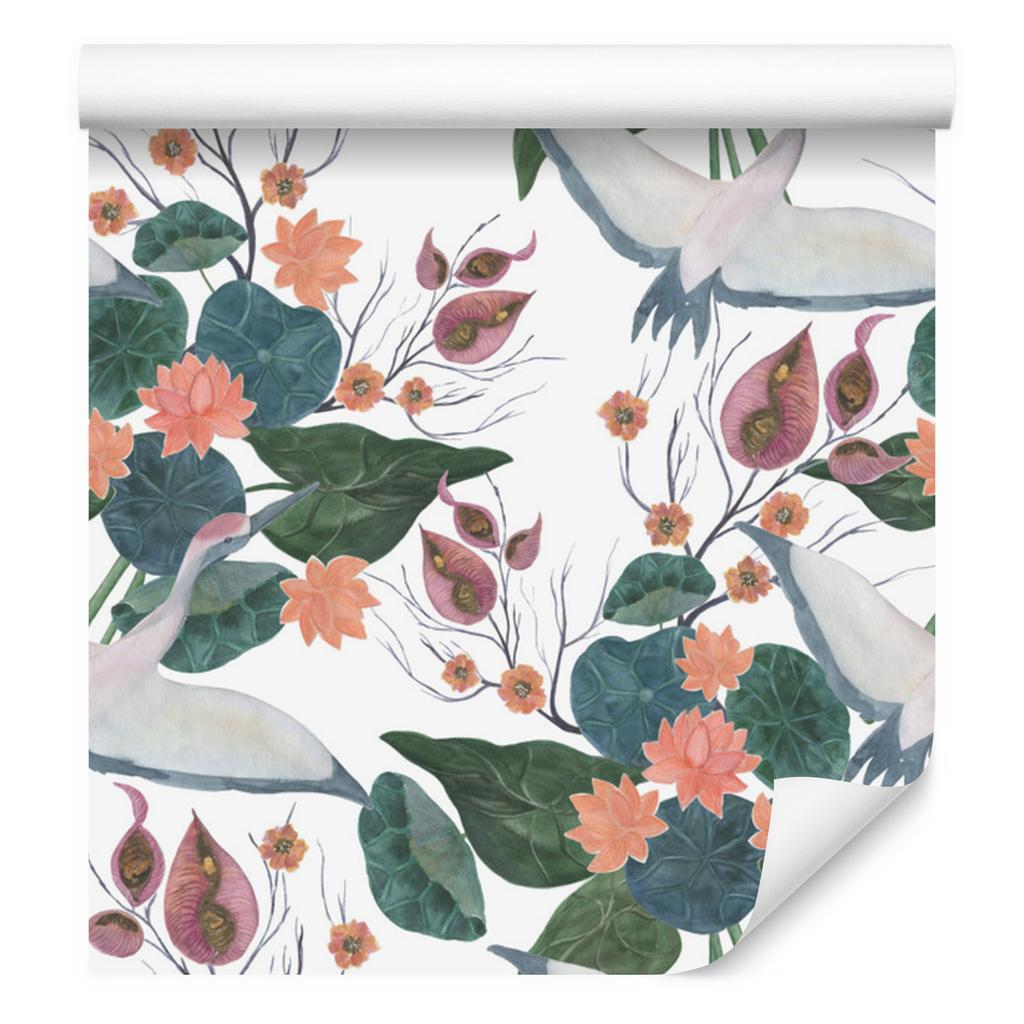 Flying cranes and flowers wallpaper for living room and bedroom 50x1000