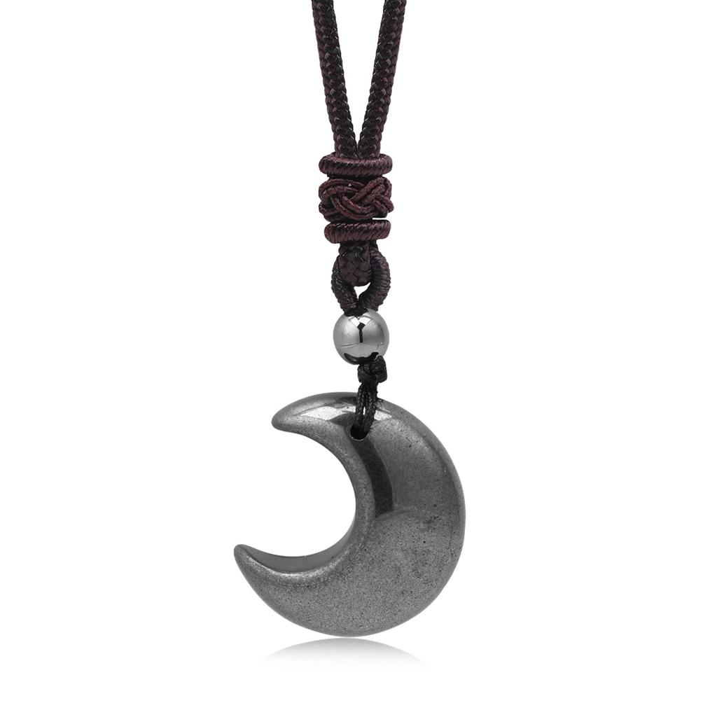 Natural Moon Ring Pendant Silver Black Hematite Bamboo Sporty Long Distance Relationship Couple Necklace Natural Stone Original