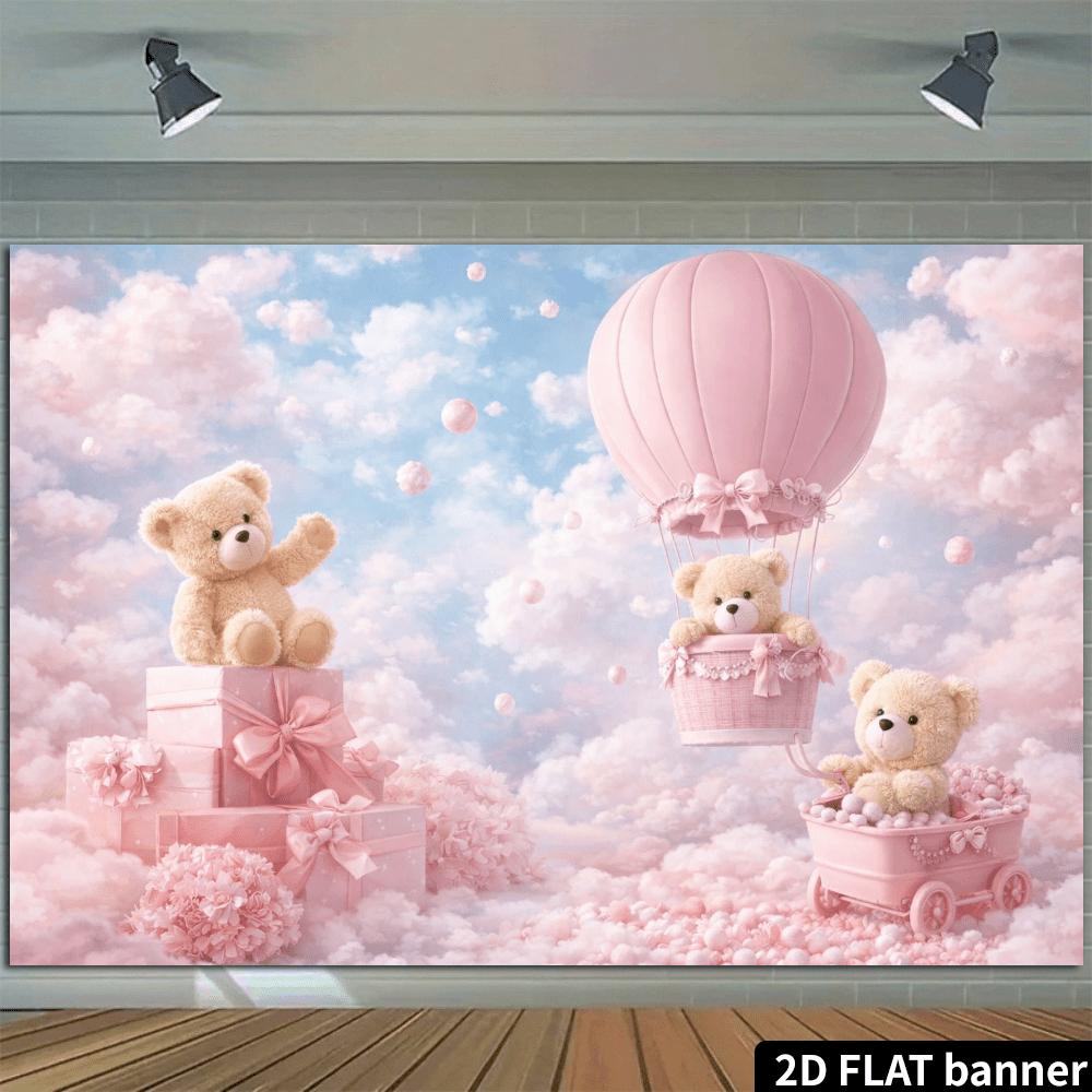 One fairy tale castle-themed backdrop fabric, featuring pink hot air balloons, hanging garlands and baskets